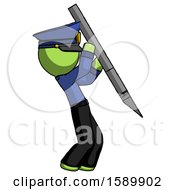 Green Police Man Stabbing Or Cutting With Scalpel