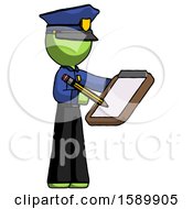 Green Police Man Using Clipboard And Pencil