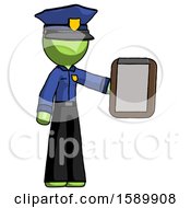 Poster, Art Print Of Green Police Man Showing Clipboard To Viewer