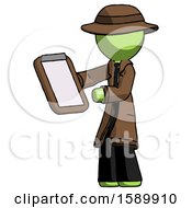 Green Detective Man Reviewing Stuff On Clipboard