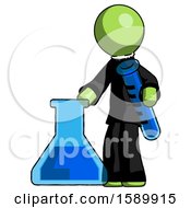 Green Clergy Man Holding Test Tube Beside Beaker Or Flask