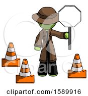 Poster, Art Print Of Green Detective Man Holding Stop Sign By Traffic Cones Under Construction Concept
