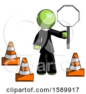 Poster, Art Print Of Green Clergy Man Holding Stop Sign By Traffic Cones Under Construction Concept