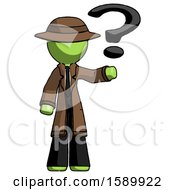 Poster, Art Print Of Green Detective Man Holding Question Mark To Right