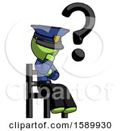 Green Police Man Question Mark Concept Sitting On Chair Thinking