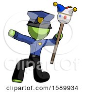 Poster, Art Print Of Green Police Man Holding Jester Staff Posing Charismatically