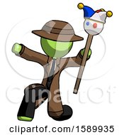 Green Detective Man Holding Jester Staff Posing Charismatically