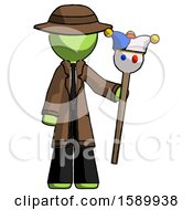 Green Detective Man Holding Jester Staff
