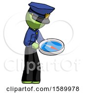 Poster, Art Print Of Green Police Man Looking At Large Compass Facing Right