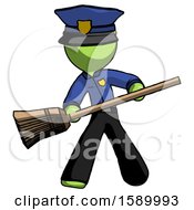Green Police Man Broom Fighter Defense Pose