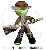 Green Detective Man Broom Fighter Defense Pose