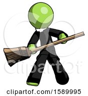 Poster, Art Print Of Green Clergy Man Broom Fighter Defense Pose