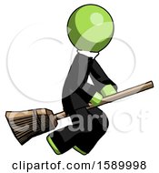 Green Clergy Man Flying On Broom