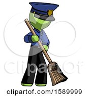 Poster, Art Print Of Green Police Man Sweeping Area With Broom