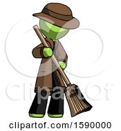 Poster, Art Print Of Green Detective Man Sweeping Area With Broom