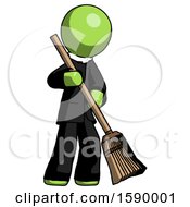 Green Clergy Man Sweeping Area With Broom