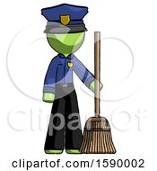 Poster, Art Print Of Green Police Man Standing With Broom Cleaning Services
