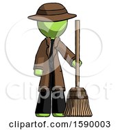 Green Detective Man Standing With Broom Cleaning Services