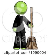 Green Clergy Man Standing With Broom Cleaning Services