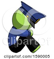 Poster, Art Print Of Green Police Man Sitting With Head Down Facing Sideways Right