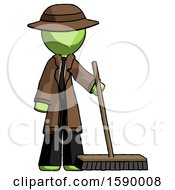 Green Detective Man Standing With Industrial Broom