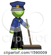 Green Police Man Standing With Industrial Broom