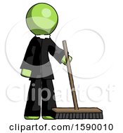 Green Clergy Man Standing With Industrial Broom