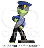Poster, Art Print Of Green Police Man Cleaning Services Janitor Sweeping Floor With Push Broom