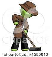 Poster, Art Print Of Green Detective Man Cleaning Services Janitor Sweeping Side View