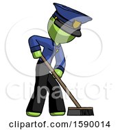 Poster, Art Print Of Green Police Man Cleaning Services Janitor Sweeping Side View