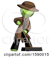 Poster, Art Print Of Green Detective Man Cleaning Services Janitor Sweeping Floor With Push Broom