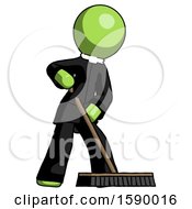 Poster, Art Print Of Green Clergy Man Cleaning Services Janitor Sweeping Floor With Push Broom