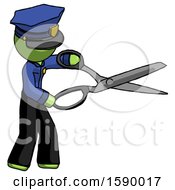 Poster, Art Print Of Green Police Man Holding Giant Scissors Cutting Out Something