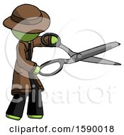 Green Detective Man Holding Giant Scissors Cutting Out Something