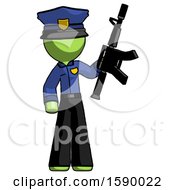 Green Police Man Holding Automatic Gun