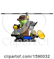 Poster, Art Print Of Green Detective Man Flying In Gyrocopter Front Side Angle View