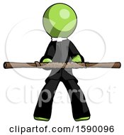 Green Clergy Man Bo Staff Kung Fu Defense Pose