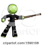 Poster, Art Print Of Green Clergy Man Bo Staff Pointing Right Kung Fu Pose