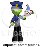 Green Police Man Holding Jester Diagonally