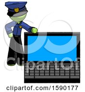 Green Police Man Beside Large Laptop Computer Leaning Against It