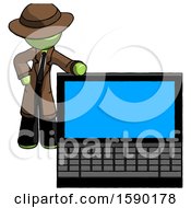 Poster, Art Print Of Green Detective Man Beside Large Laptop Computer Leaning Against It