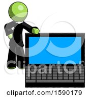 Poster, Art Print Of Green Clergy Man Beside Large Laptop Computer Leaning Against It