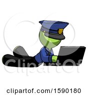 Poster, Art Print Of Green Police Man Using Laptop Computer While Lying On Floor Side Angled View