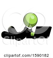 Poster, Art Print Of Green Clergy Man Using Laptop Computer While Lying On Floor Side Angled View
