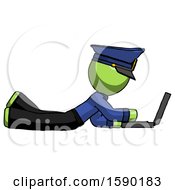 Poster, Art Print Of Green Police Man Using Laptop Computer While Lying On Floor Side View