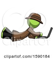 Green Detective Man Using Laptop Computer While Lying On Floor Side View