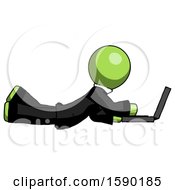 Poster, Art Print Of Green Clergy Man Using Laptop Computer While Lying On Floor Side View