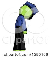 Poster, Art Print Of Green Police Man Depressed With Head Down Back To Viewer Right