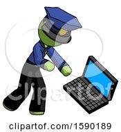 Poster, Art Print Of Green Police Man Throwing Laptop Computer In Frustration