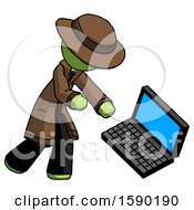 Green Detective Man Throwing Laptop Computer In Frustration